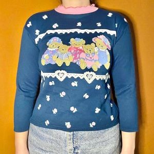 Vintage 80s navy & pink floral bears ruffle collar youth sweatshirt 🧸